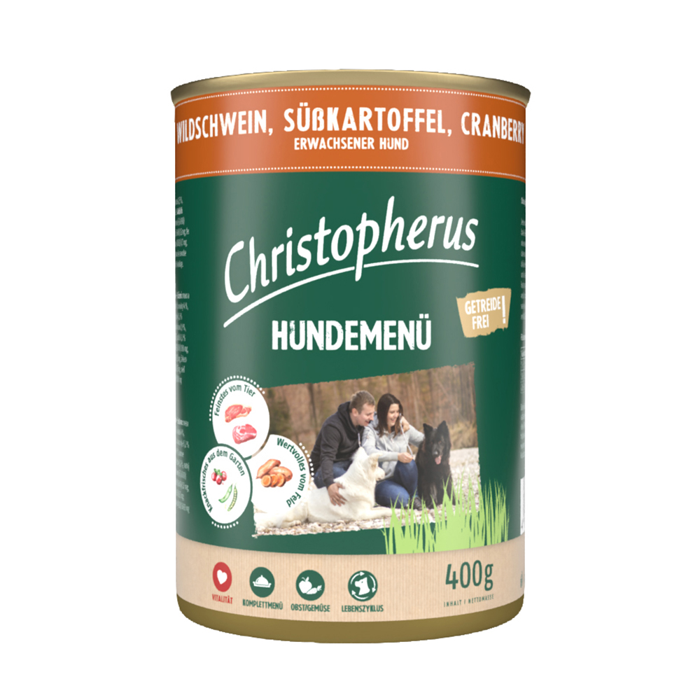 Christopherus Hundemenü mit Wildschwein, Süßkartoffel, Cranberry (6er Pack)
