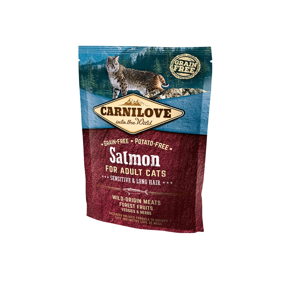 Carnilove Katze Premium Trockenfutter Salmon Sensitive Long Hair Lachs Sensitive Langhaarkatzen 400g Verpackung