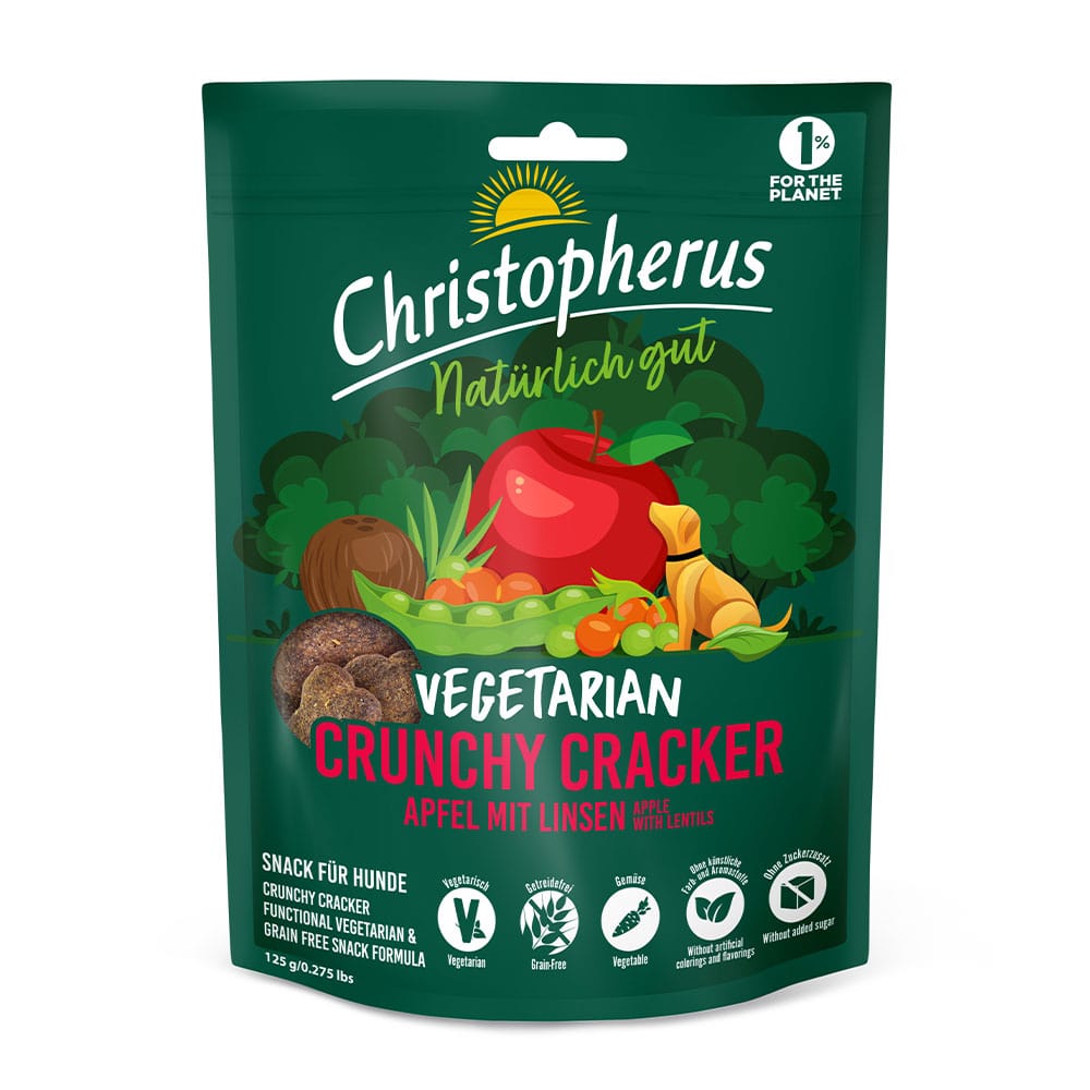 Christopherus Hund Vegetarisch Vegetarian Snack Crunchy Cracker Apfel mit Linsen 125g Verpackung