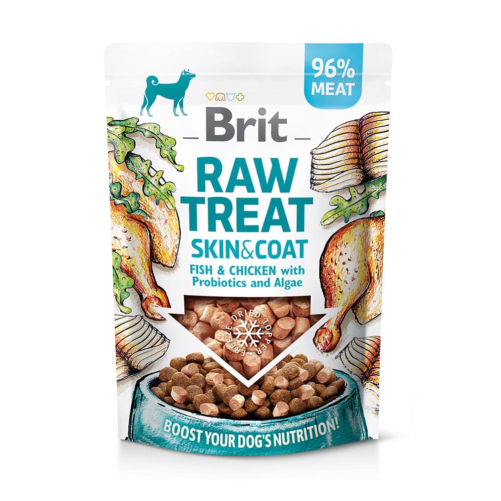 Brit Hund Premium Snacks Raw Treats gefriergetrocknet Skin Coat Fish Chicken Haut Fell Fisch Huhn Verpackung 40g