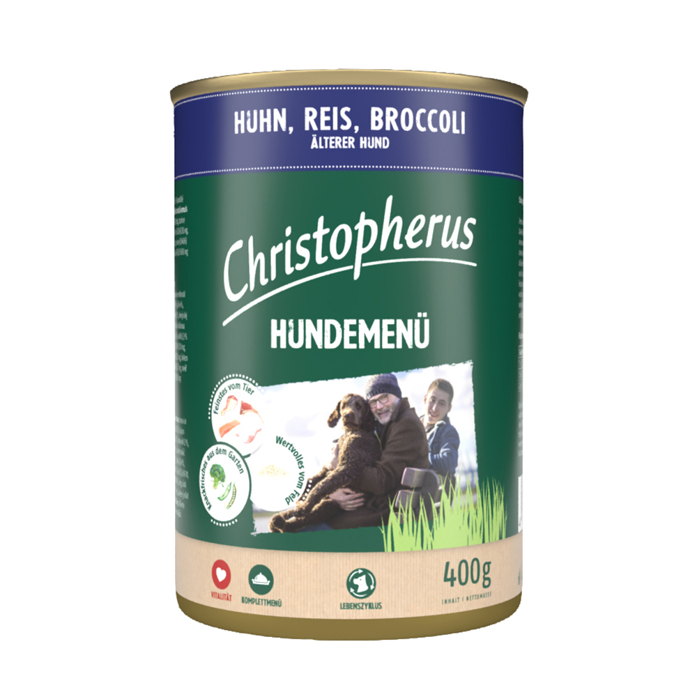 Christopherus Hundemenü Senior mit Huhn, Reis, Broccoli 