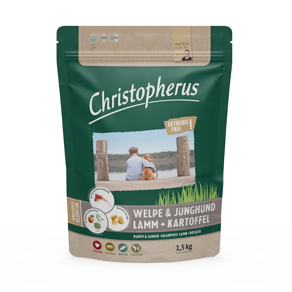 Christopherus Getreidesfreies Premium Trockenfutter für Hunde Welpe und Junghund Sorte Lamm und Kartoffel 1,5kg Verpackung