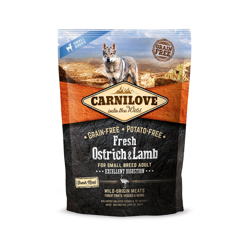 Carnilove Hund Premium Trockenfutter Ostrich Lamb Adult Small Breed Strauß Lamm ausgewachsene Hunde kleiner Rassen Verpackung 1,5kg