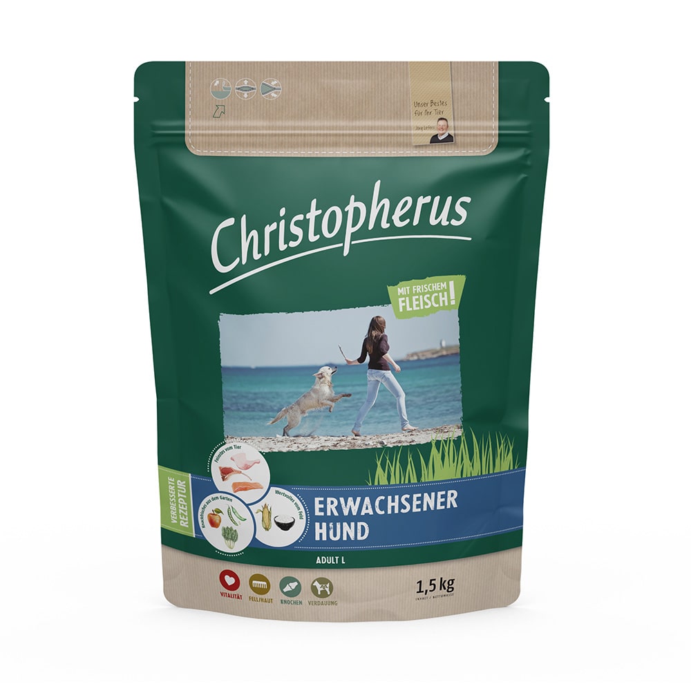 Christopherus Premium Trockenfutter für Hunde erwachsene und ausgewachsene Hunde 1,5kg Verpackung