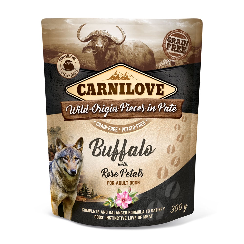 Carnilove Hund Premium Nassfutter Pouch Buffalo with Rose Petals Adult Büffel mit Rosenblättern für ausgewachsene Hunde Verpackung 300g