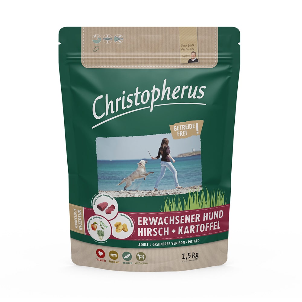 Christopherus Getreidesfreies Premium Trockenfutter für Hunde erwachsener und ausgewachsener Hund Sorte Hirsch und Kartoffel 1,5kg Verpackung