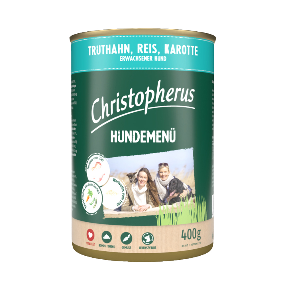 Christopherus Hundemenü mit Truthahn, Reis, Karotte