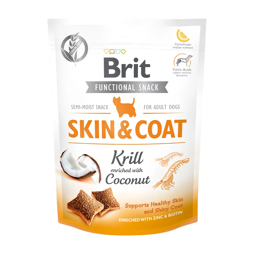 Brit Hund Premium Functional Snacks Skin Coat Krill Coconut Haut Fell Garnele Kokosnuss Verpackung 150g